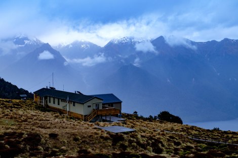 The view of Luxmore Hut and beyond the morning we left. Photo by Compass
